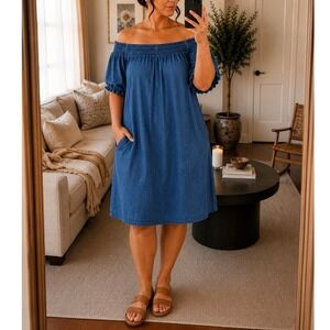 Terra & Sky Women Denim Dress 3X Blue Chambray Smocked Off Shoulder Western Boho